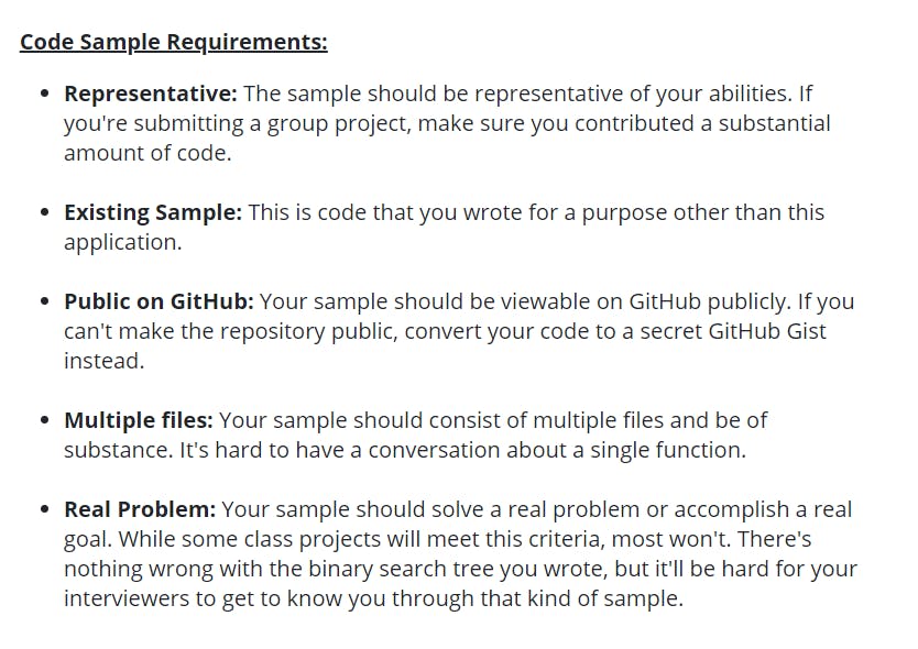 Code Sample requirements