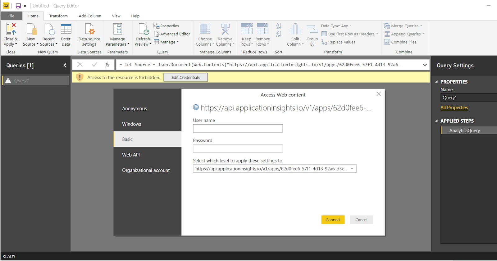 Connect Application Insights with PowerBI using Application Insights Query
