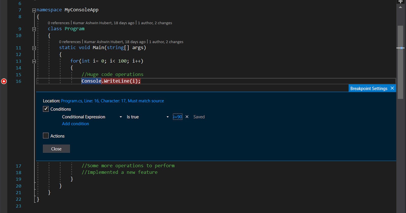 Conditional breakpoint in Visual Studio