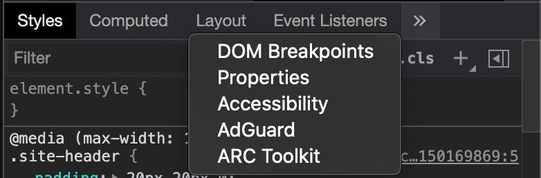 The bottom menu panel in the chrome dev tools elements tab