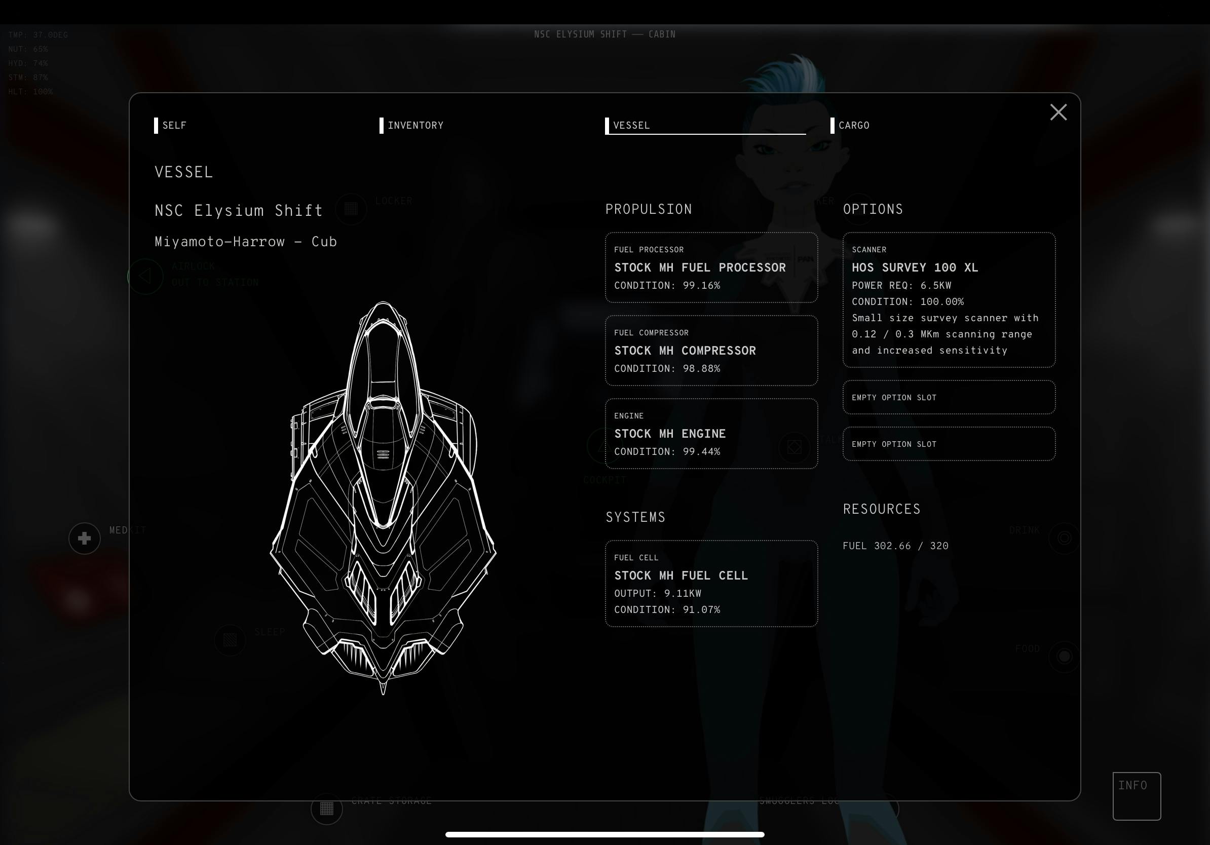 Players vessel info panel tab showing components, fuel and wear
