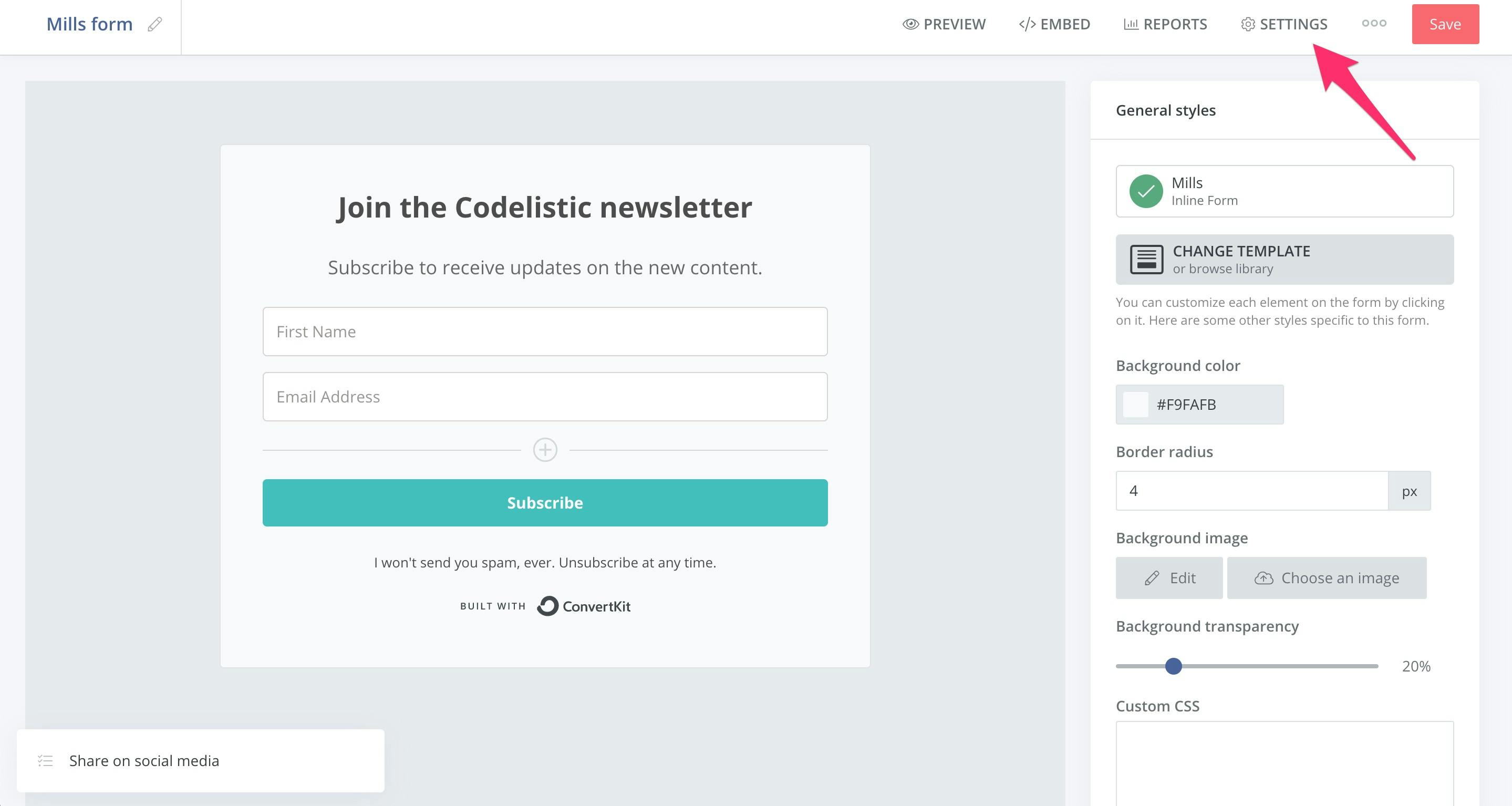 Signup form editor in ConvertKit