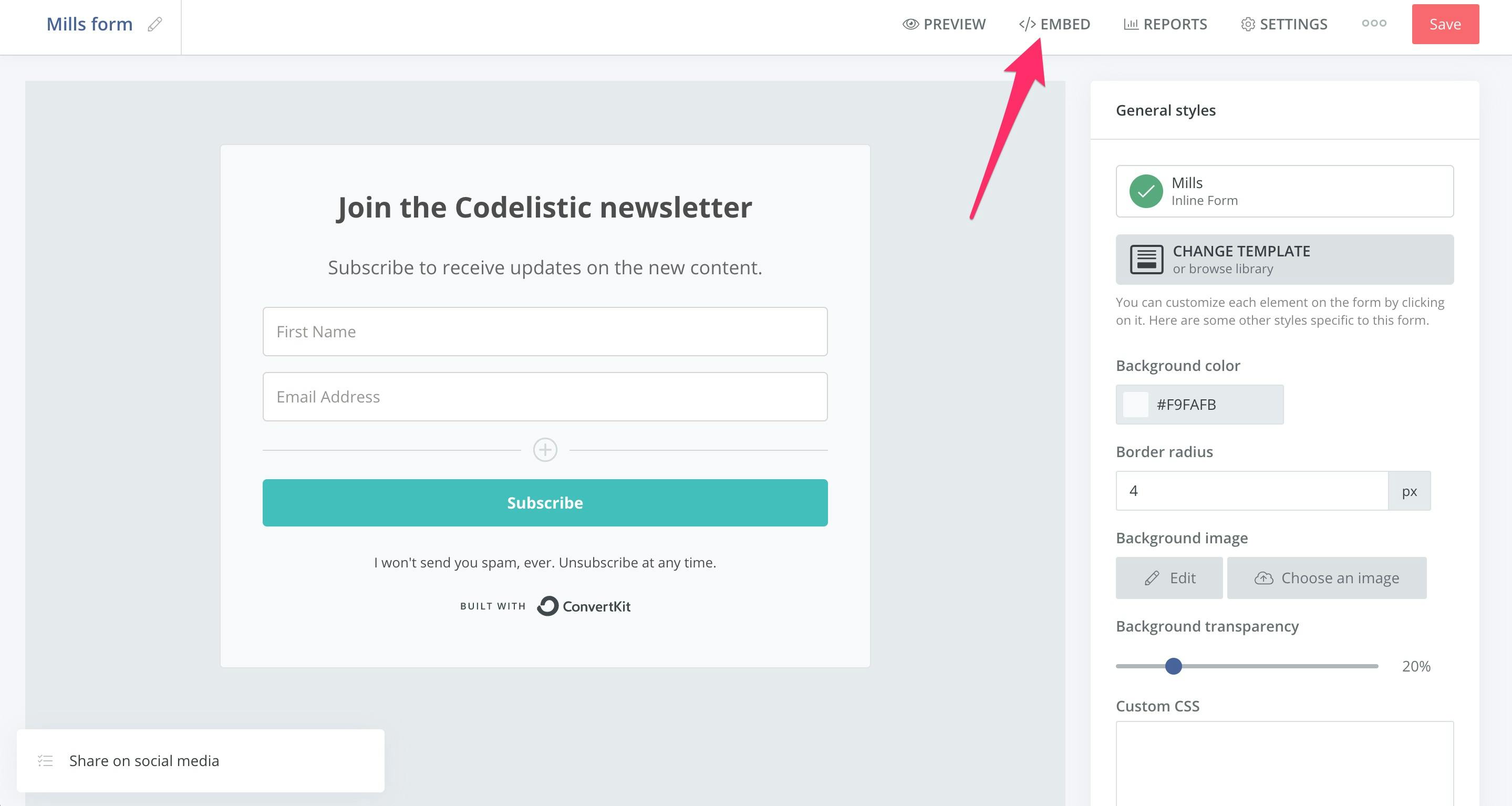 Signup form editor in ConvertKit showing the Embed button on top