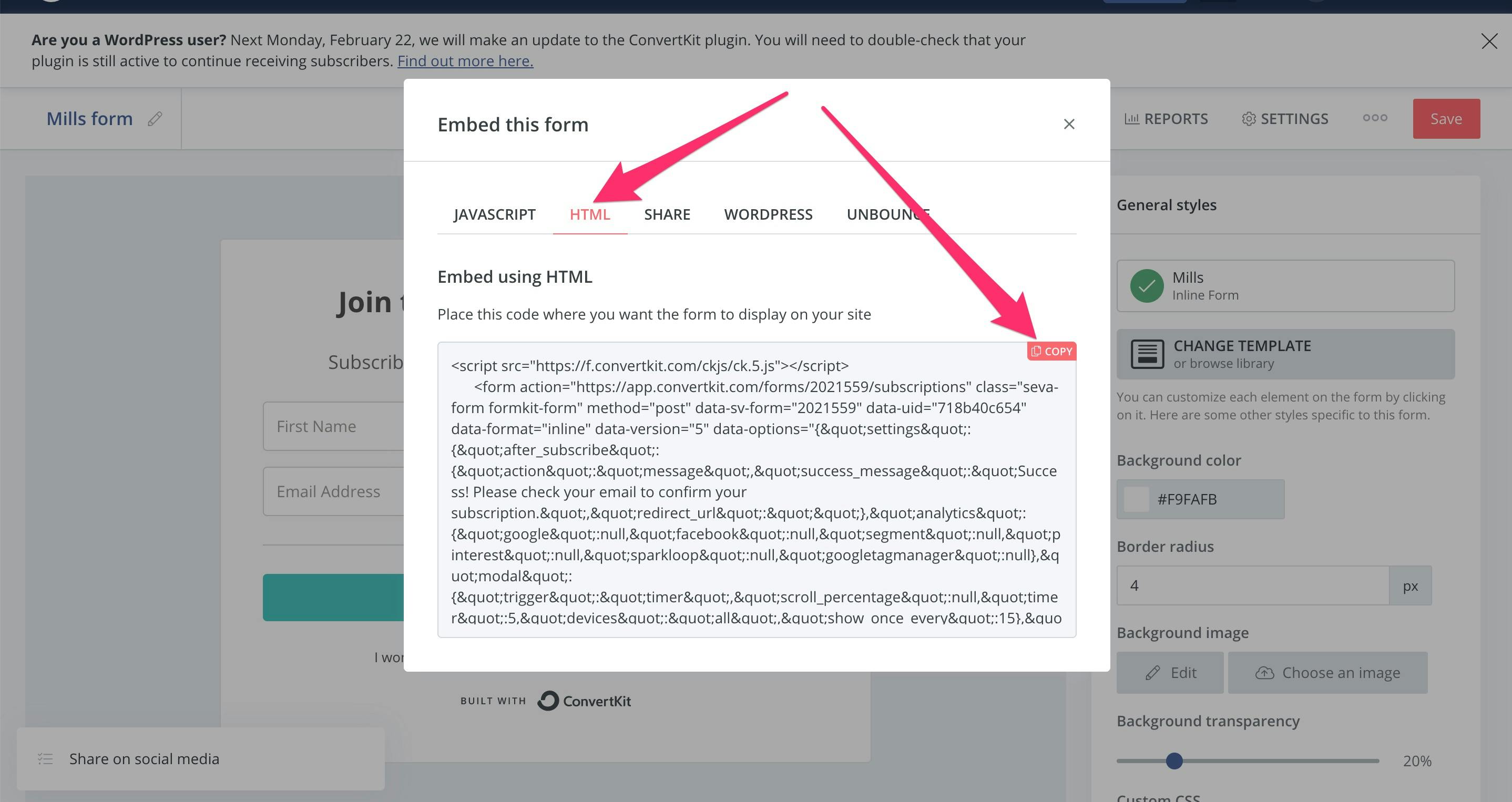 The Embed This Form dialog in ConvertKit showing selected HTML tab and copy button