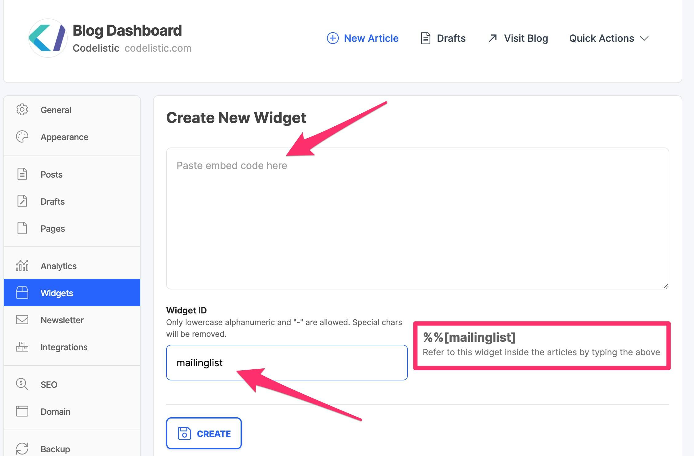 Hashnode Blog Dashboard with opened Create New Widget form