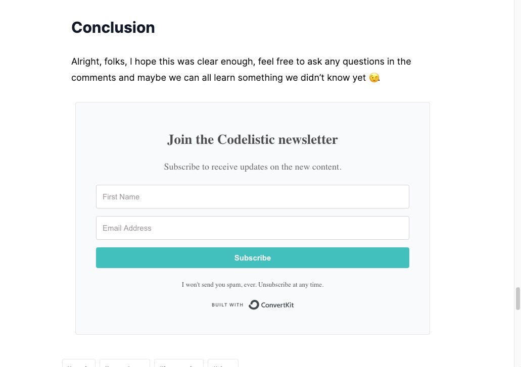 ConvertKit Signup form seen on the published blog post