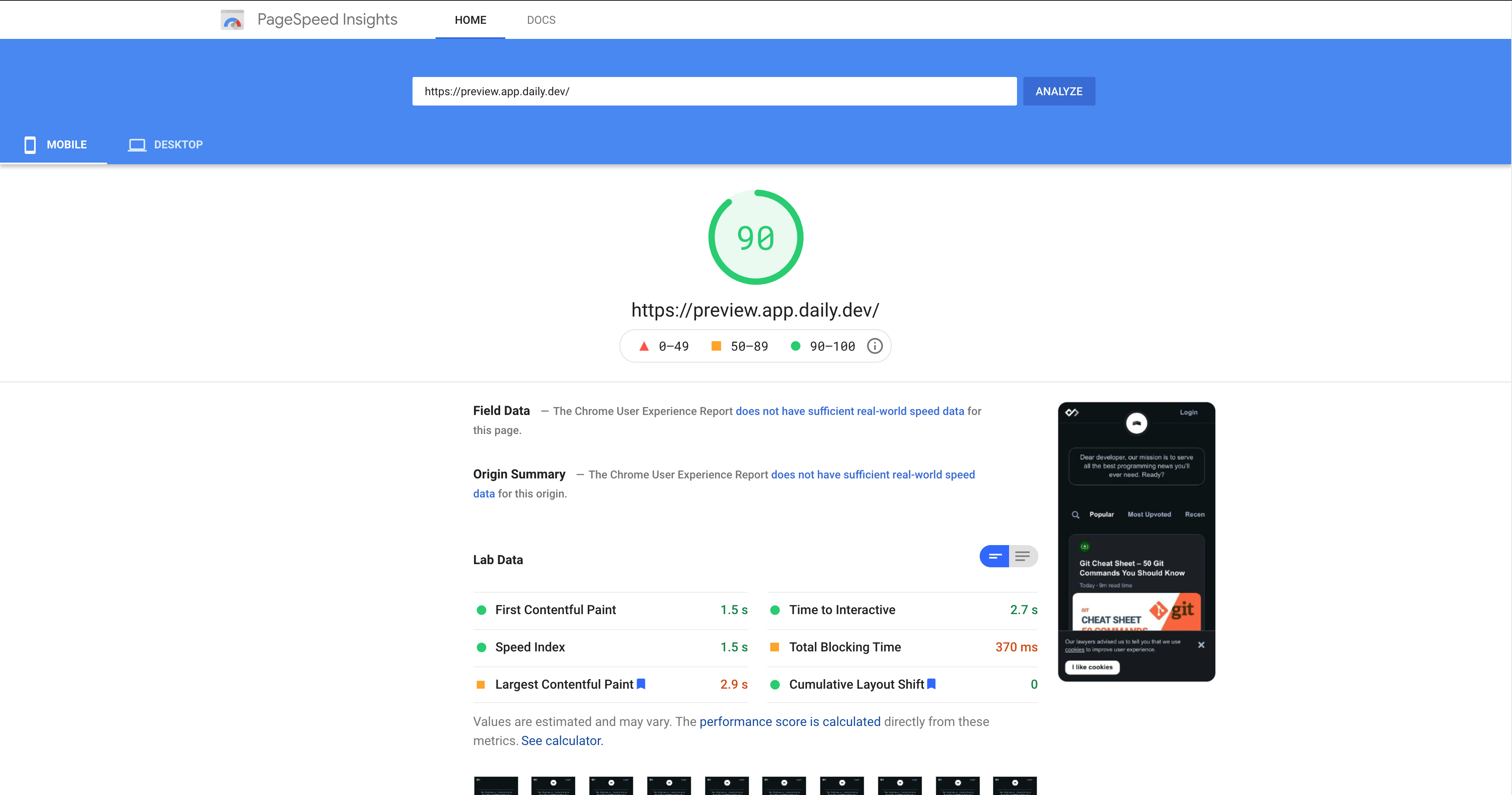 PageSpeed report - score 90 out 100