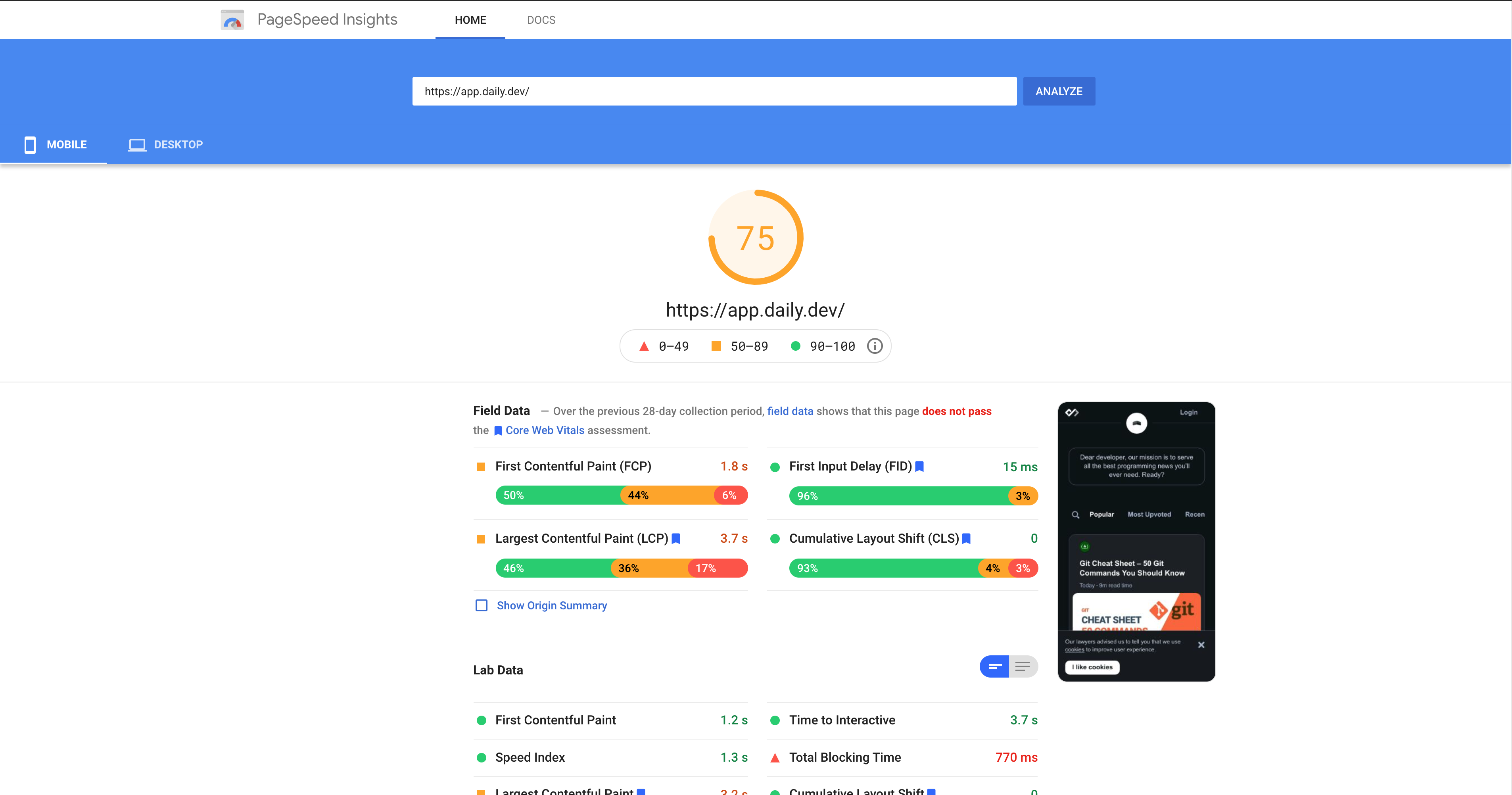 PageSpeed report - score 75 out of 100