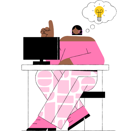 Illustration of a person sitting at a desk with a computer, wearing a pink outfit. The person has one finger raised and a thought bubble above their head containing a lit light bulb, representing an idea.