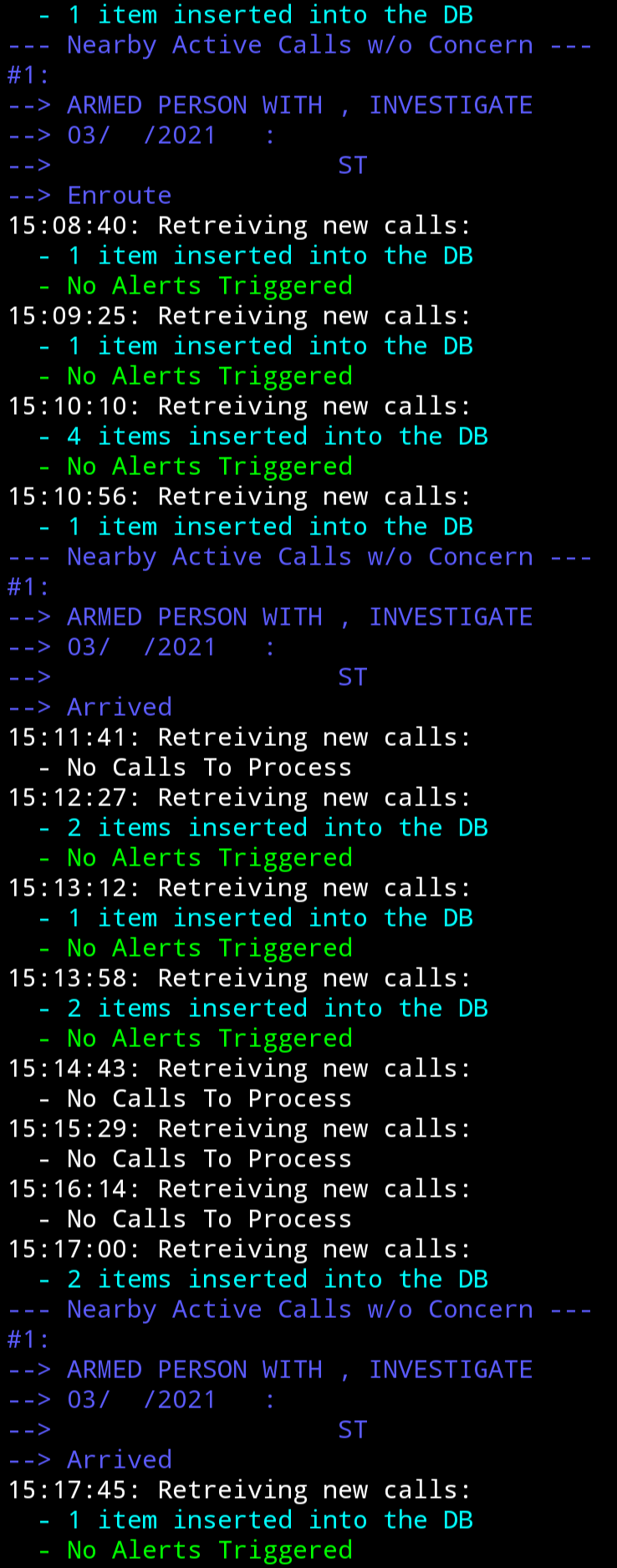 A preview of the output statements during an alert event