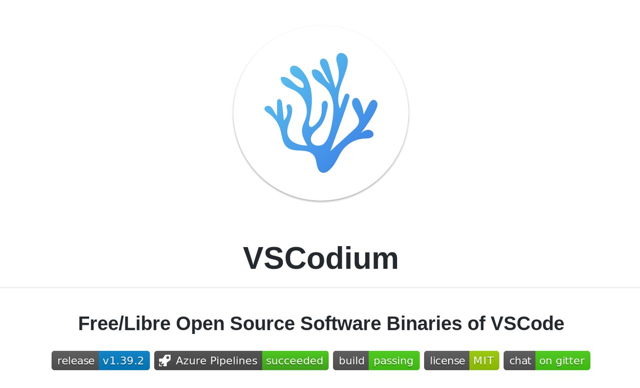 Screenshot of the VSCodium page on GitHub showing the VSCodium logo  looks like a blue coral or mycelium of some sort  and reads VSCodium: Free/Libre Open Source Software Binaries of VSCode