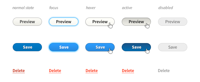 A style guide with some buttons displaying their different interactive states