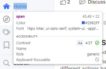 Google Chrome Devtools element inspector displaying the color contrast ratio of some text in Hashnode's homepage.