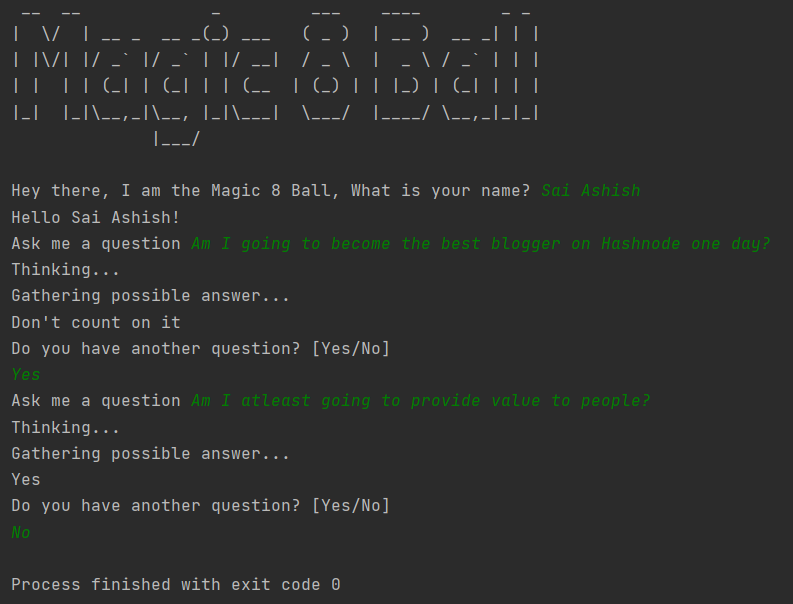 Output for the Magic 8 Ball game using Python
