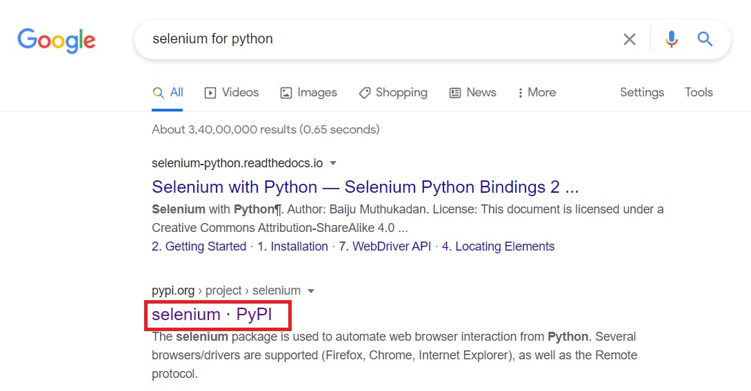 Selenium for Python Google Search Results