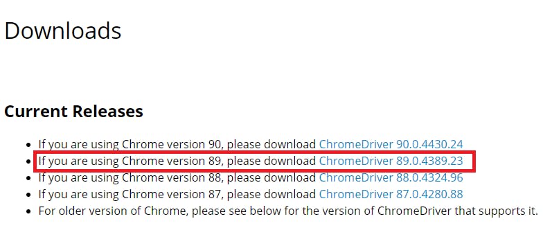 Which version of chrome web driver to install according to Google Chrome Version?