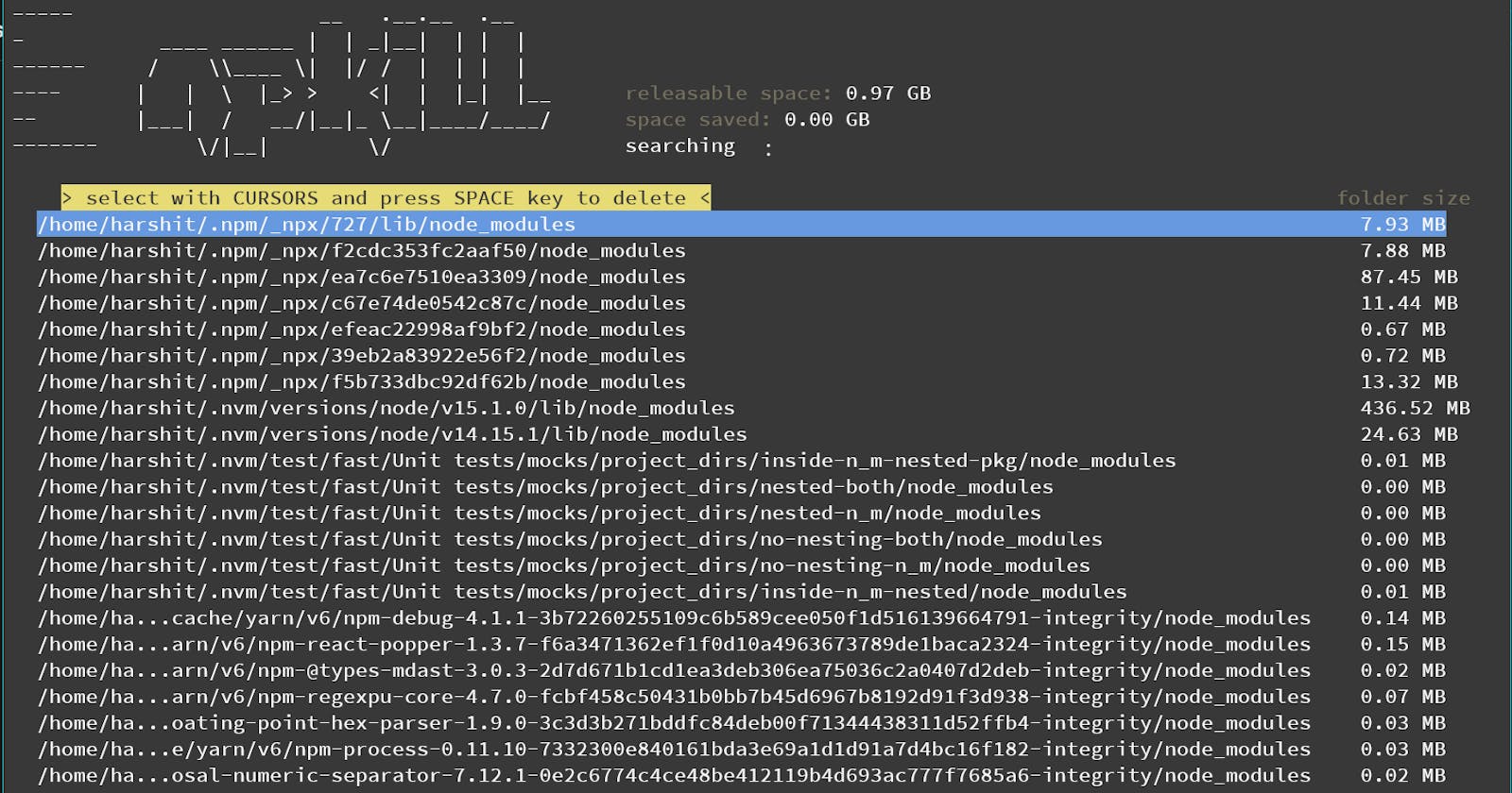 Delete all node_modules folder using npkill