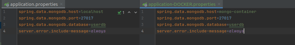 A side-by-side screenshot of application.properties and application-DOCKER.properties: the only change is that the spring.data.mongodb.host is now set to mongo-container instead of localhost