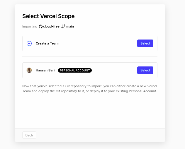 Vercel scope page