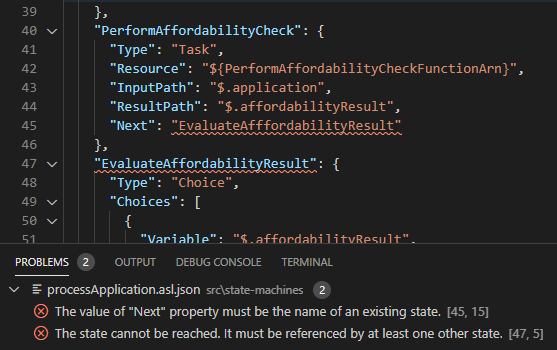 Screenshot of code validation errors