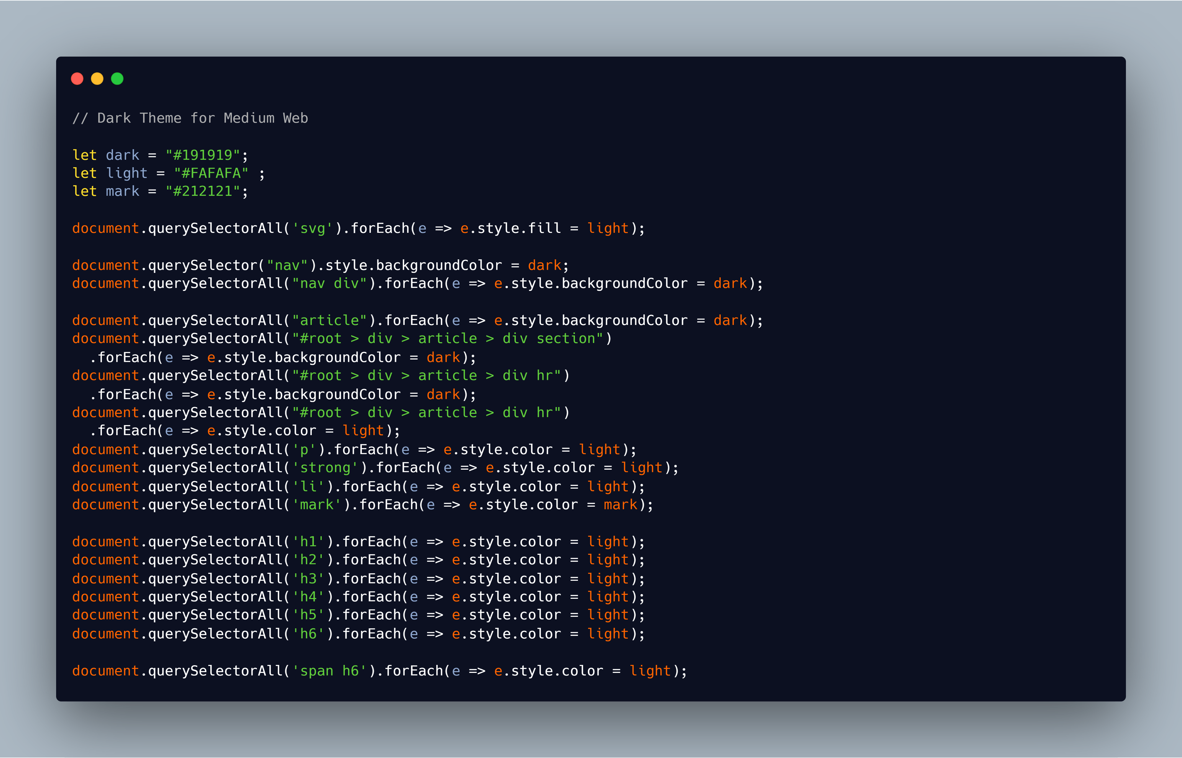 Javascript Code for Dark Theme