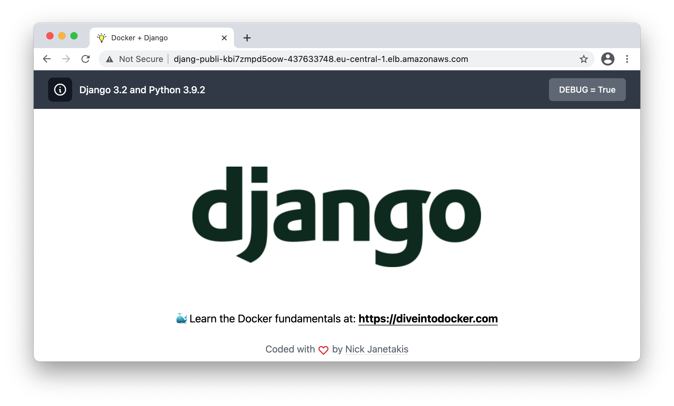 the result will display the example django app