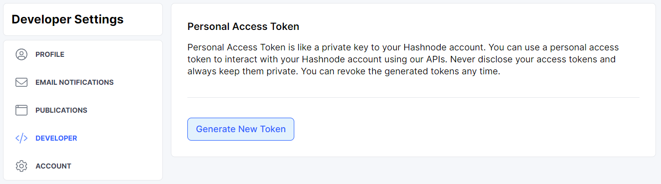 Hashnode Developer Settings - Personal Access Token