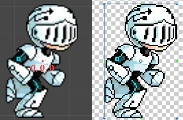 on the left the robot placed at (0,0,0) in unity and on the right the pivot in his chest, both points are in the same place