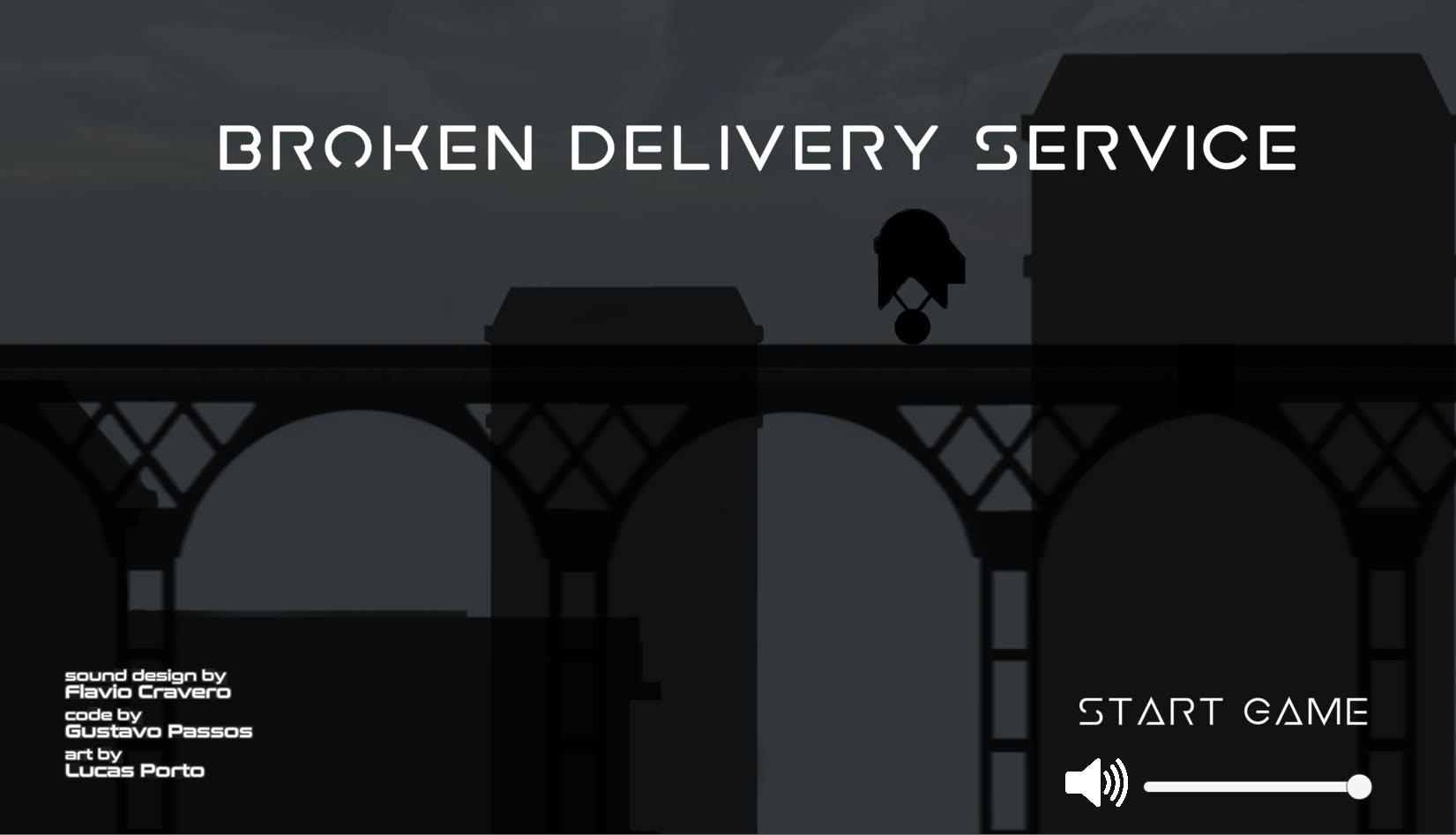 the start screen from broken delivery service, with the robot's silhouette, game title, credits and options to start and change the game's volume