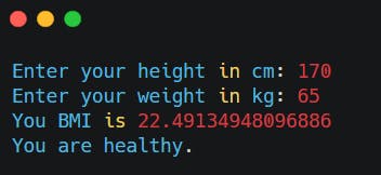 Output for BMI Calculator using Python