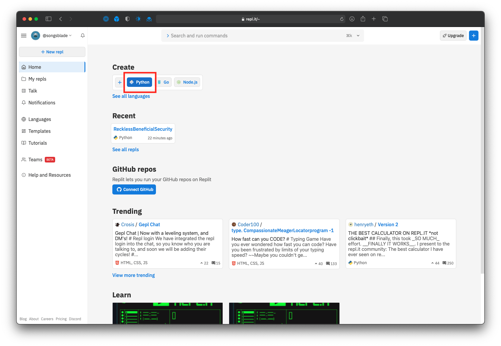Replit homepage with the "Python" button highlighted