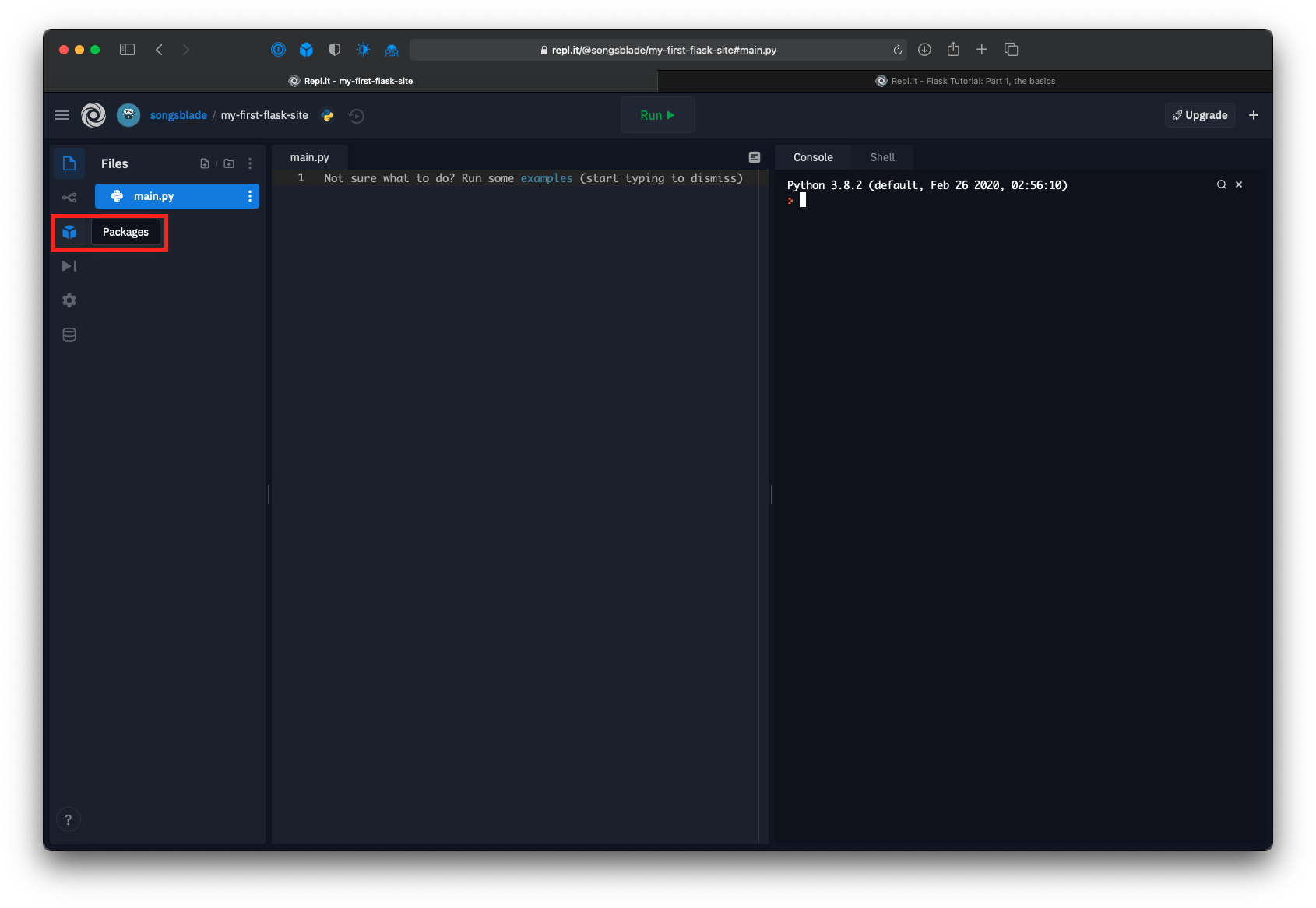 Repl editor with the "Packages" icon highlighted