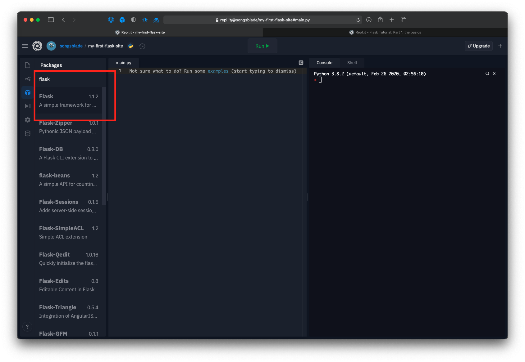 Repl editor with the "Flask" item highlighted