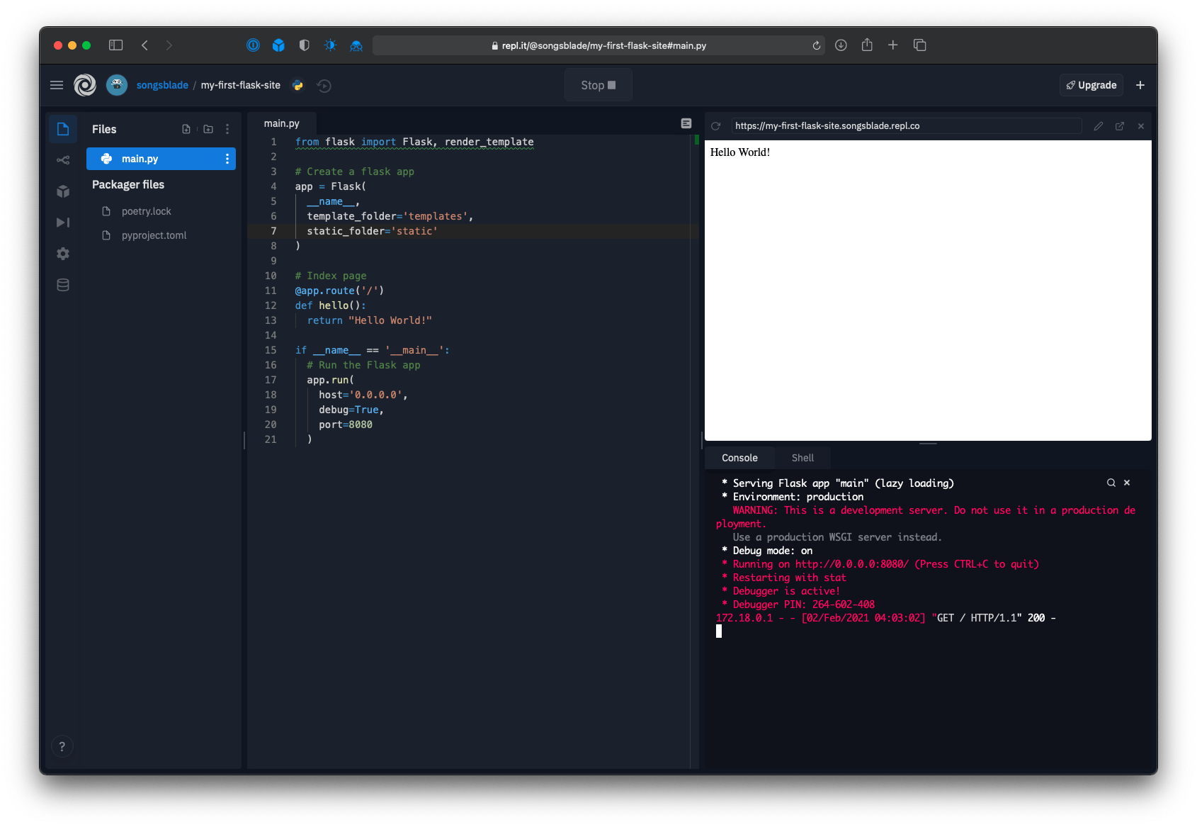 Repl editor showing the Flask app running