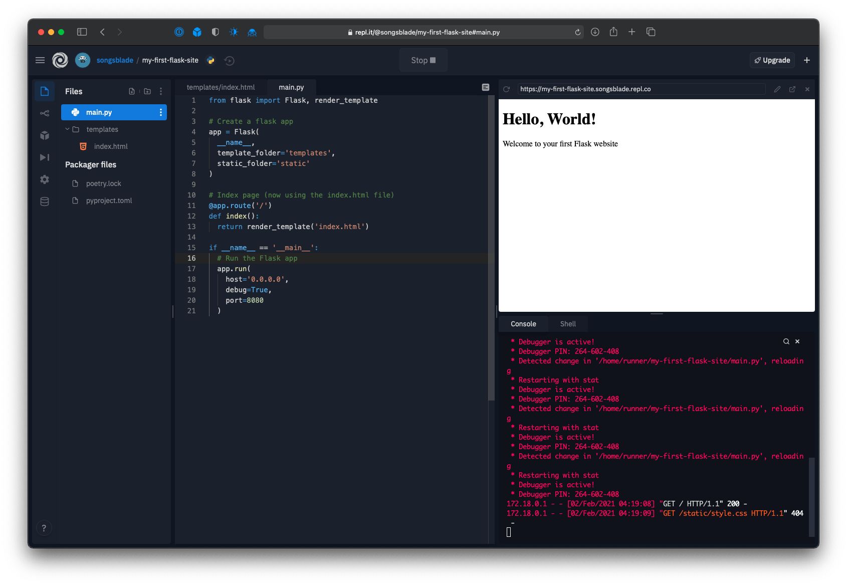 Repl editor showing the web app's new large header