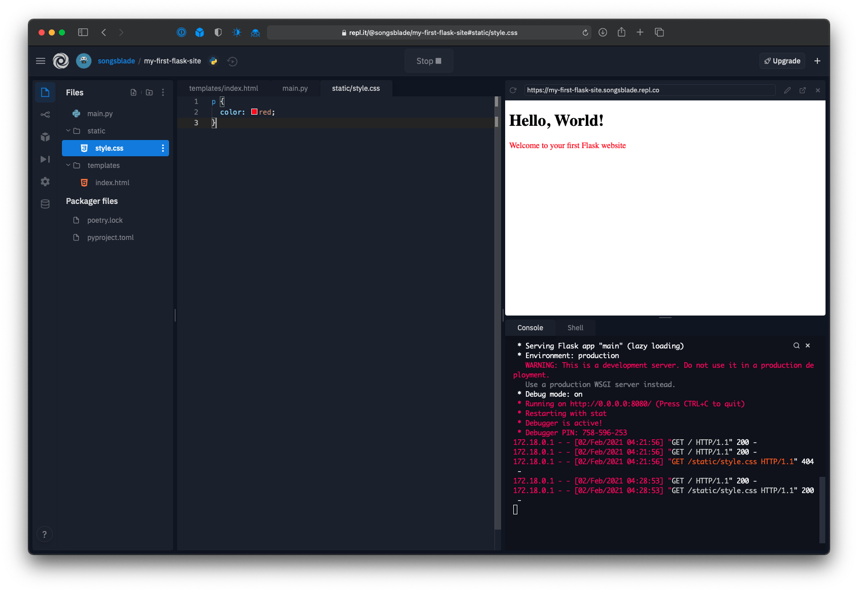 Repl editor showing the web app's new red text
