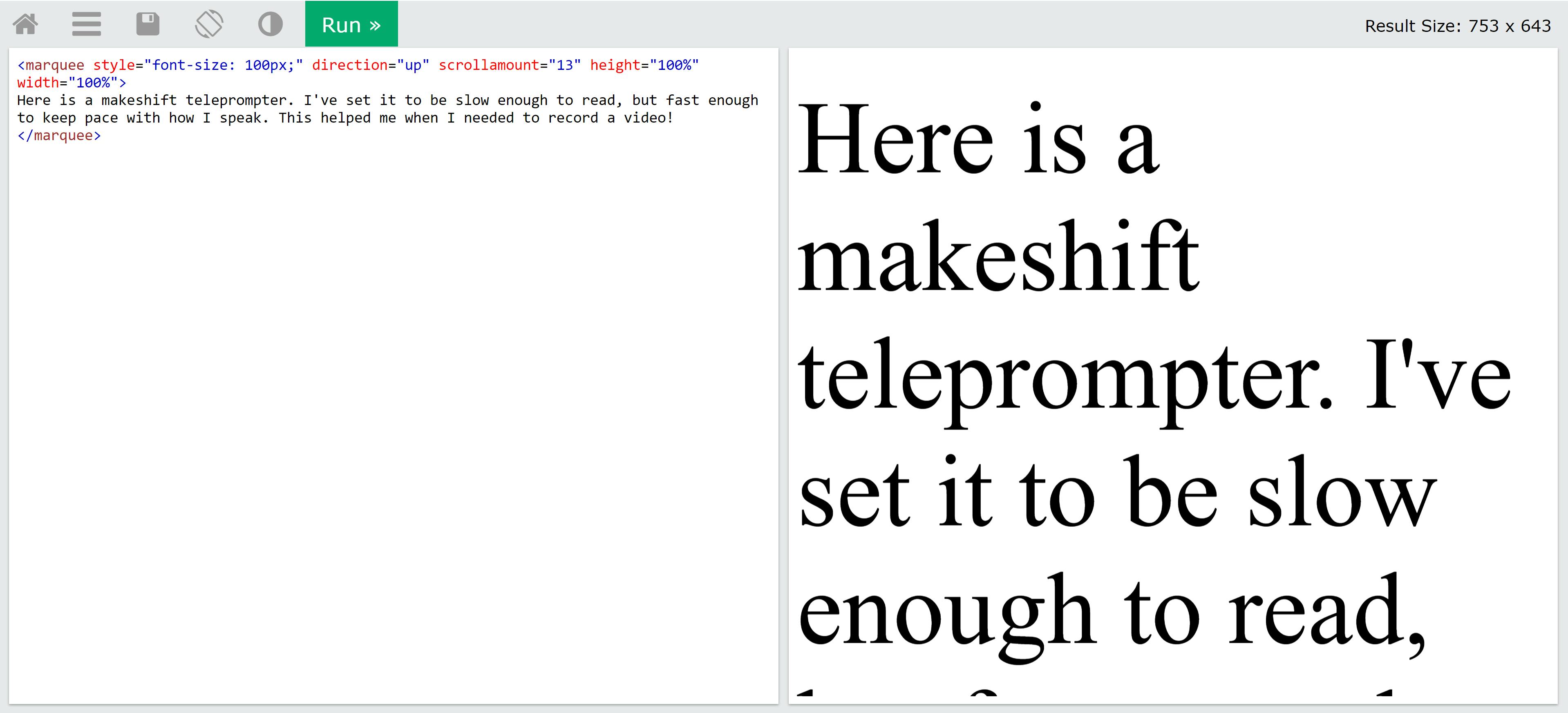 Screenshot of a W3schools TryIt Editor showing marquee tag code on the left and a teleprompter on the right