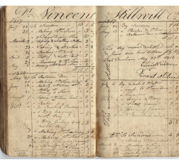Photo: Christopher Watrous' account book, Debits and Credits for Vincent Stillwill accounts, Durham, Connecticut, 1817