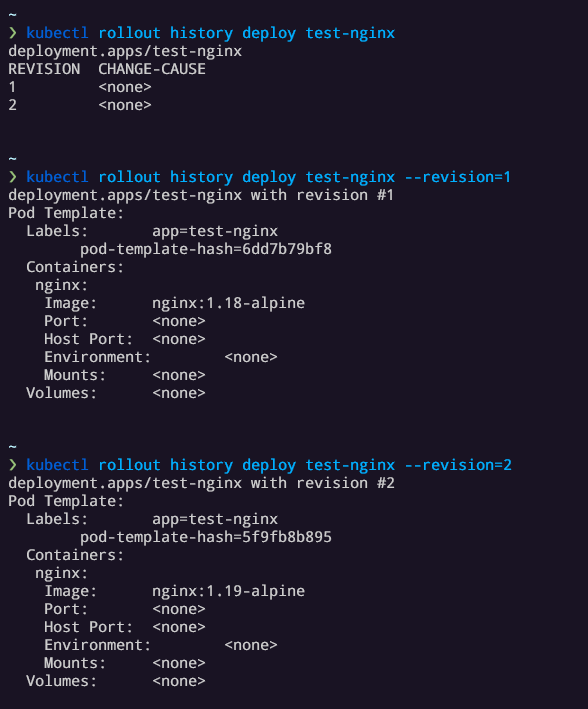 Rollout history for test-nginx Deployment
