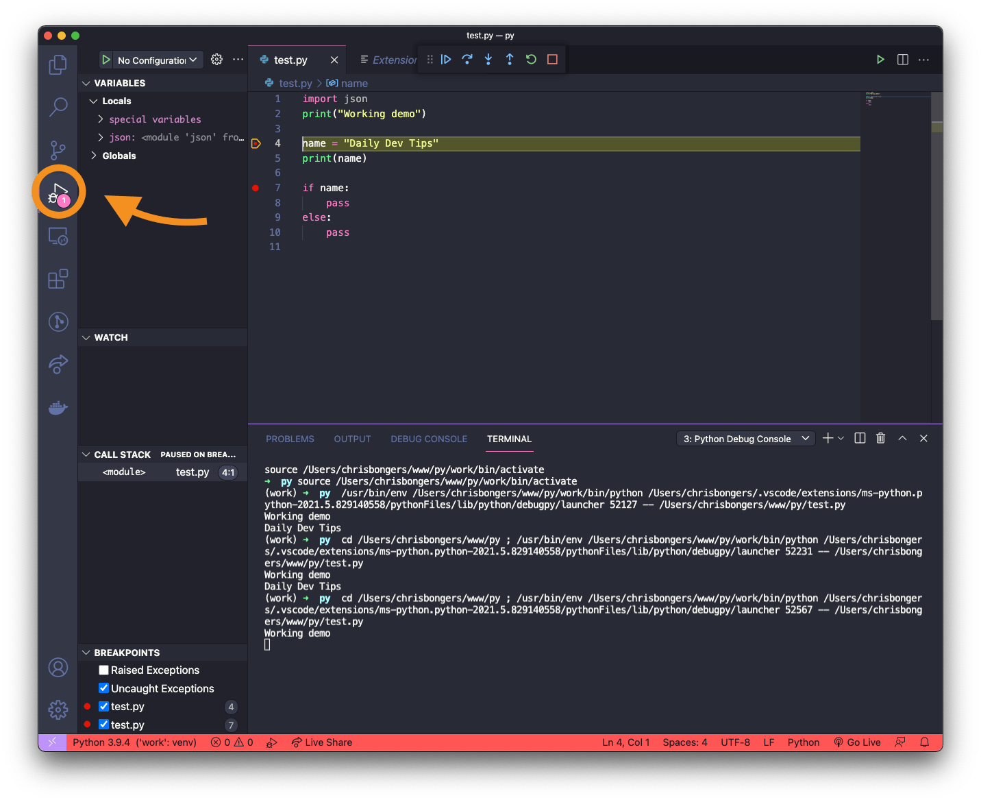 Debugging Python in Visual Studio Code