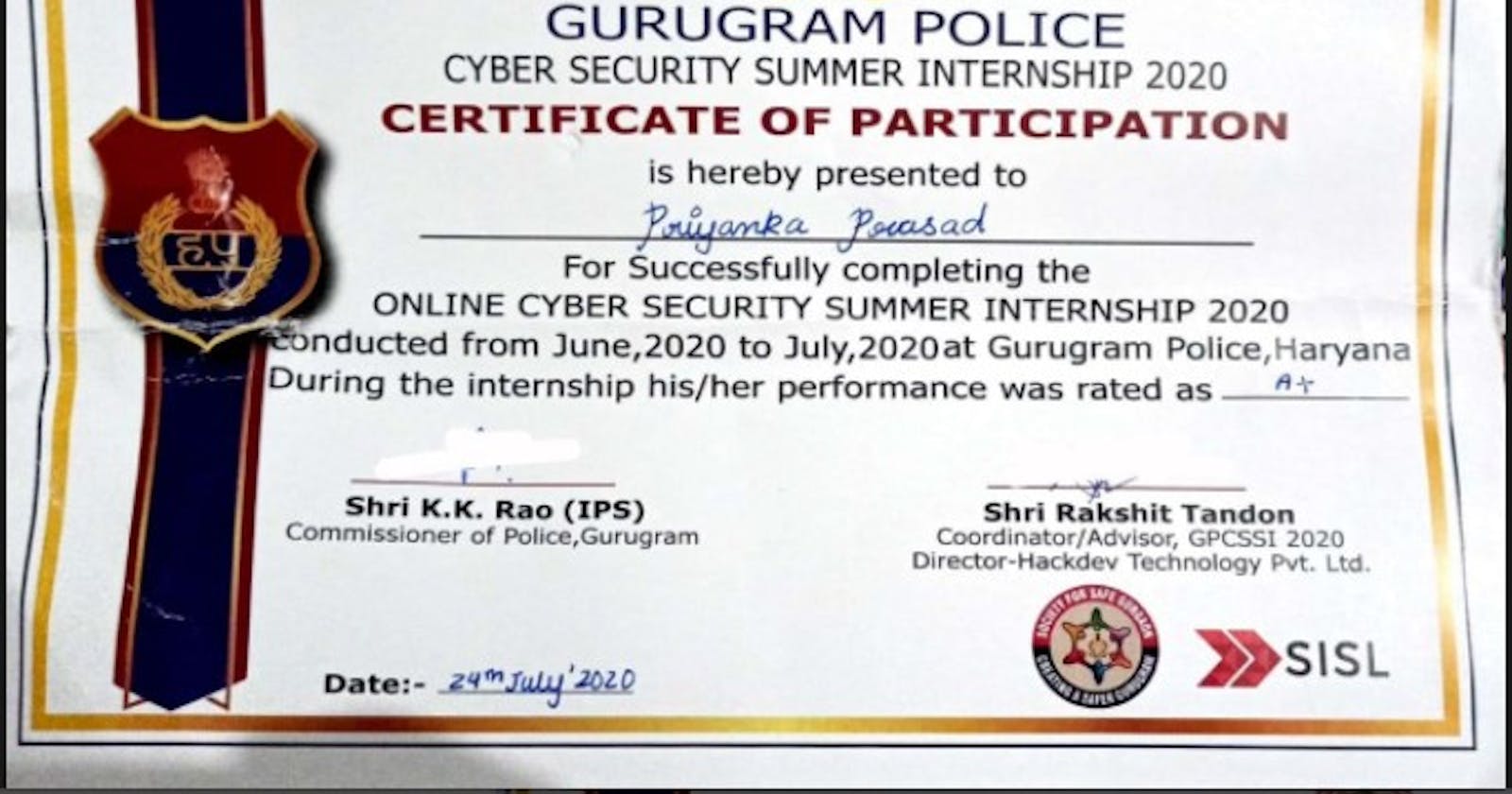 All About My Experience Of GPCSSI (Gurugram Police Cybersecurity Internship)