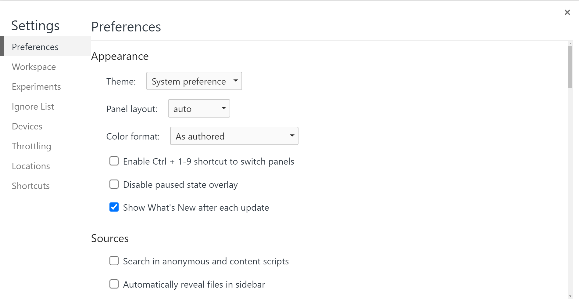 DevTools settings panel