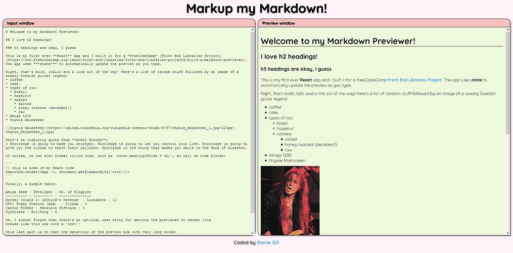 the markdown previewer with its original pink and green colour scheme