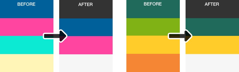 Image showing how two color schemes can be simplified by limiting them to two colors and two neutrals