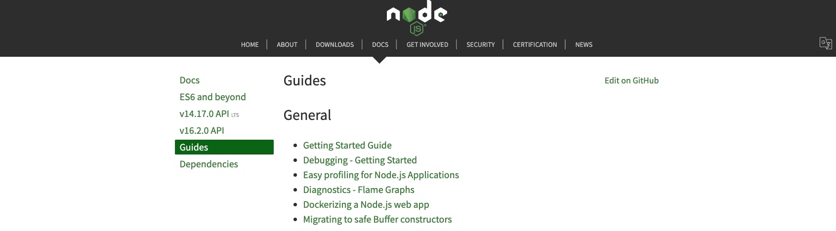 A screenshot of the Node.js official guides