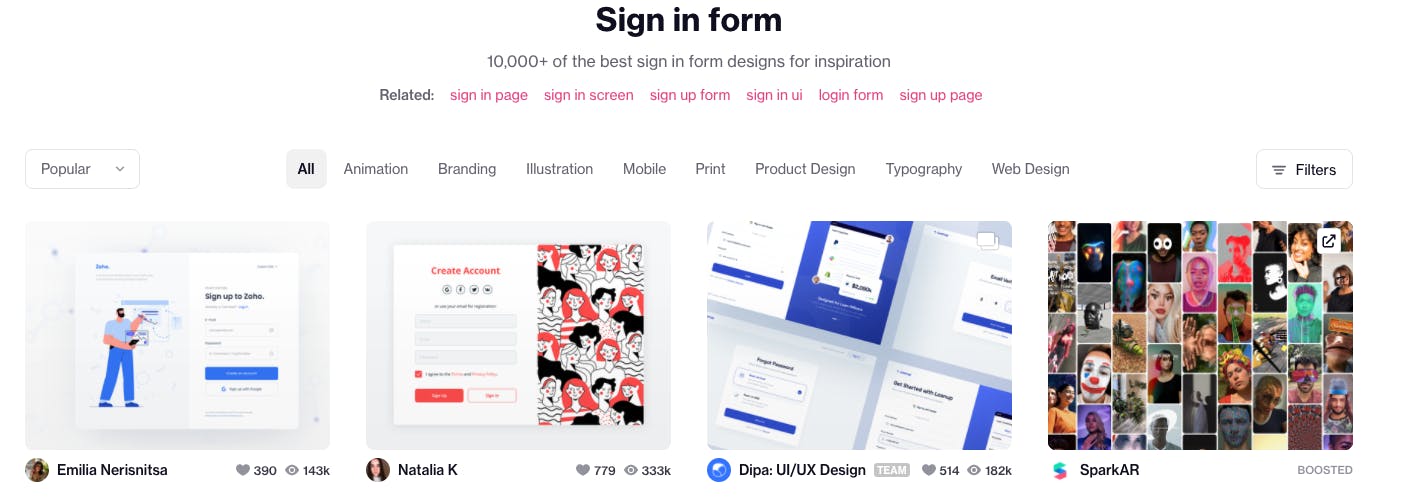 Screen shot of sign in form examples from Dribbble