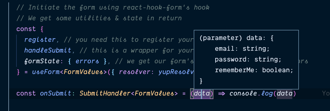 Form data typed - screenshot in vscode