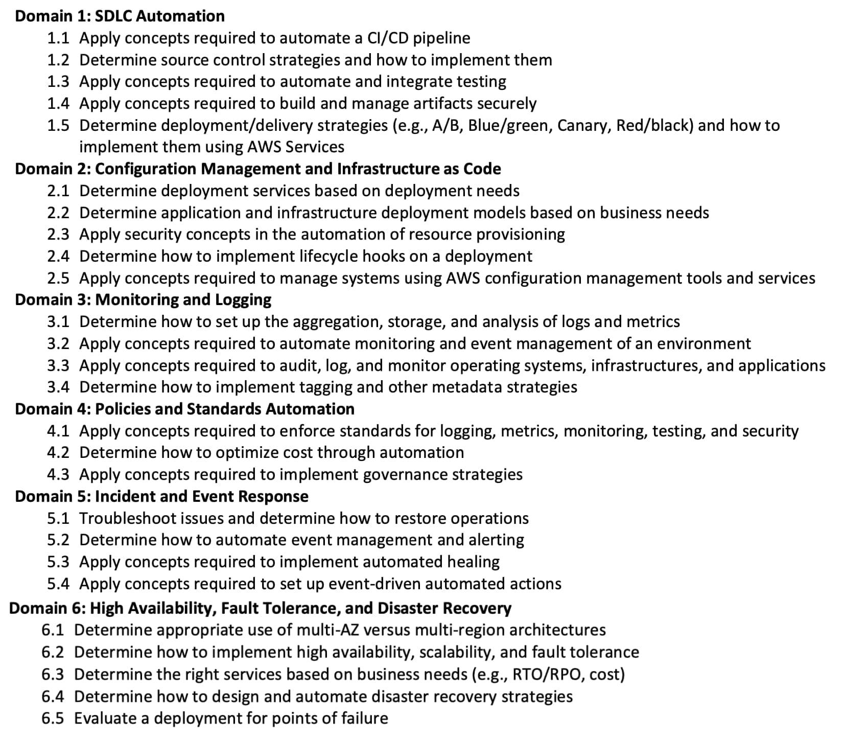 AWS Certified DevOps Engineer Professional detailed content outline for the exam