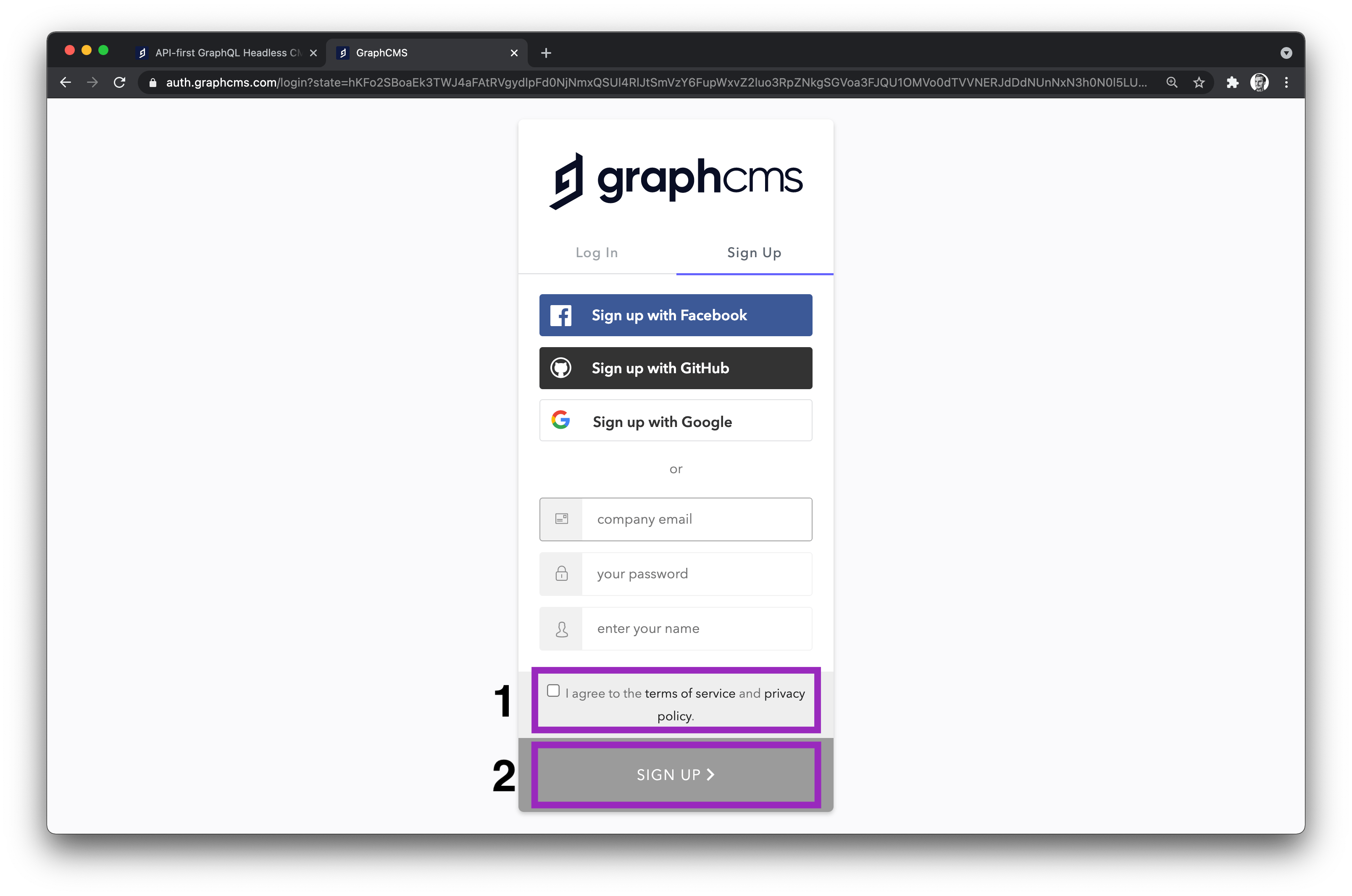 GraphCMS Sign up page