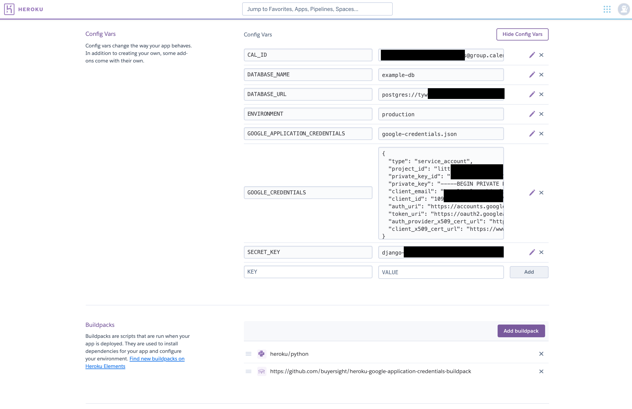 Screenshot showing what Heroku settings pages should look like with custom buildpack and config vars